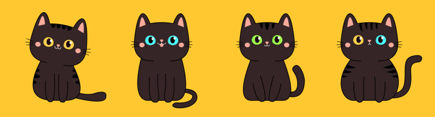 Cute black cat set line. Kitten face head with yellow, green, blue eyes. Cartoon pet baby character Black contour icon. Funny kawaii animal. Childish style. Flat design. Yellow background. Vector