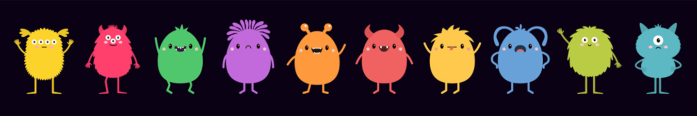Cute monster set line. Colorful silhouette monsters. Happy Halloween. Kawaii cartoon funny boo character. Different face. Childish style.Teeth, eyes, horns, hands. Flat design. Black background Vector