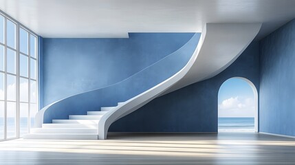 Obraz premium Elegant Interior with Curved Staircase and Ocean View
