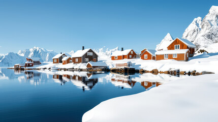picturesque winter scene featuring traditional wooden houses along serene, snow covered shoreline. majestic mountains reflect beautifully in calm waters, creating tranquil atmosphere