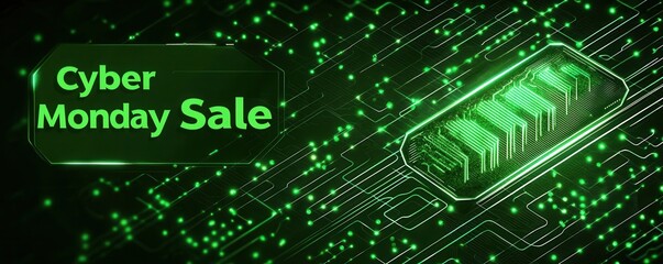 Cyber Monday eco-friendly banner concept. A vibrant digital graphic promoting a Cyber Monday sale featuring green colors abstract patterns and a prominent "Sale" text