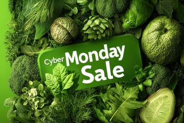 Cyber Monday eco-friendly banner concept. A vibrant display of green vegetables and herbs featuring a bold "Cyber Monday Sale" announcement perfect for eco-friendly shopping promotions