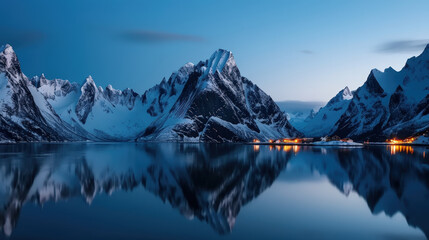 Fototapeta premium Majestic mountains reflect in calm waters of serene fjord at twilight, creating breathtaking landscape that evokes tranquility and awe