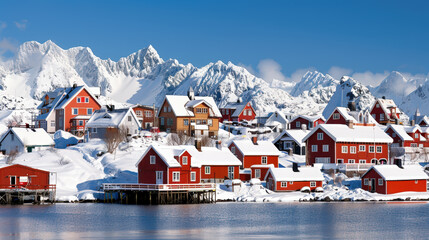 Fototapeta premium picturesque winter scene featuring charming village with red houses blanketed in snow, set against backdrop of majestic mountains under clear blue sky. serene atmosphere evokes sense of tranquility