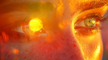 A pair of striking blue eyes sparkle as they catch golden sunlight during a stunning sunset, reflecting warmth and emotion in their gaze