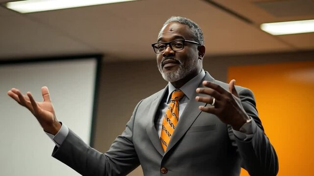 An engaging business presentation is delivered by an intriguing African American man.
