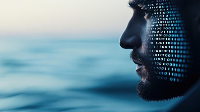 Profile of man with digital patterns on face against blurred ocean background.