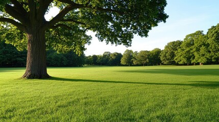 Obraz premium Lush green park landscape with trees under a clear blue sky.