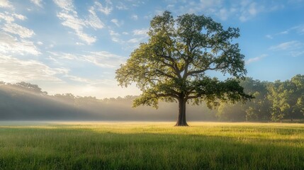 Obraz premium Large tree in a serene landscape during sunrise with golden light and mist.