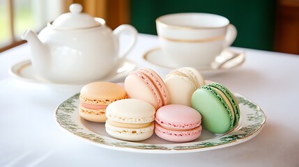 A plate of colorful French macarons with tea set on a vintage table