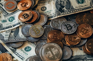 A pile of dollar bills with some Bitcoin, Generative AI