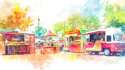 Vibrant Watercolor Illustration of Street Food Scene