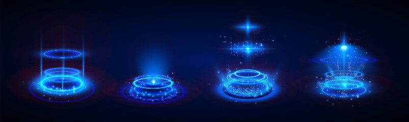 Neon light portal with magic blue glow. Hologram teleport. Tech luminous futuristic product stage. Energy ring, game icon. Power shining vortex pedestal. Abstract circular sparkling effect © lightgirl