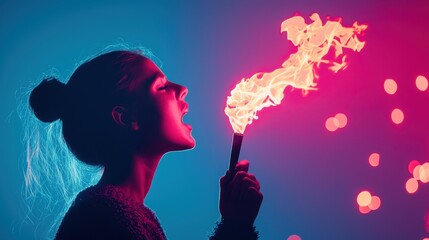 A woman delivers a powerful speech, her voice strong and unwavering, a pink flame symbol representing passion and conviction burning behind her.