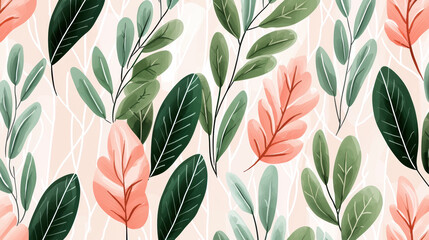 Stylized leaves pattern with green and pink accents, creating vibrant and fresh look. This design is perfect for various applications, adding touch of nature to any project
