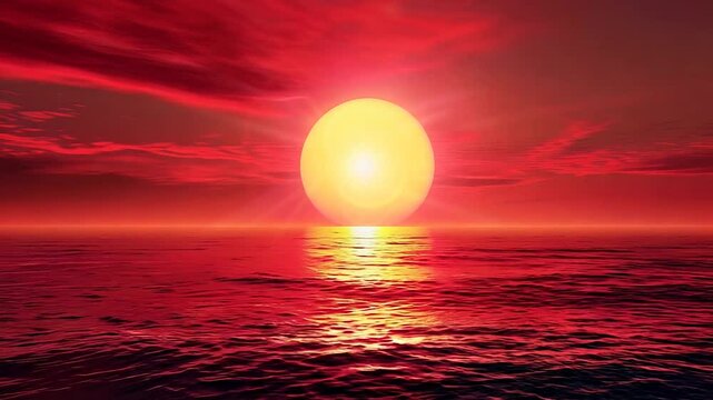A stunning red sunset over calm ocean waters, featuring an intensely radiant sun and vibrant sky. Perfect for backgrounds, inspiration or relaxation. Realistic digital artwork. Generative AI