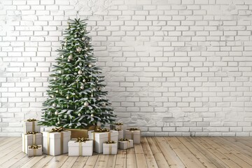 An elegant Christmas Tree with festive decorations stands by a white brick wall, embodying warmth and joy of the holidays, capturing the spirit of the season with a touch of tradition and cheer