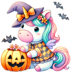 Naklejka premium Cute Halloween Unicorns in Festive Costumes, Adorable cartoon unicorns dressed in various Halloween costumes, holding pumpkins and candy, surrounded by Halloween-themed elements like bats and lantern 