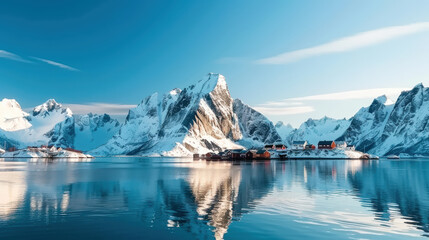 serene winter morning light illuminates stunning Reine village in Lofoten, surrounded by majestic snow capped mountains and tranquil blue sea