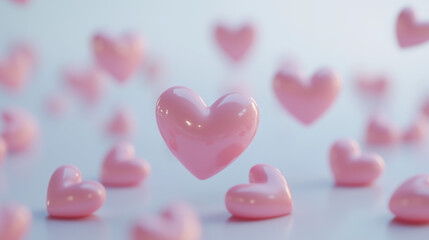 Obraz premium Charming 3D Render of Flying Pink Hearts in an Isometric View on a Clean White Background with Gentle Lighting