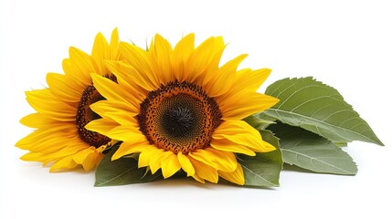 Obraz premium Two Bright Yellow Sunflowers with Green Leaves