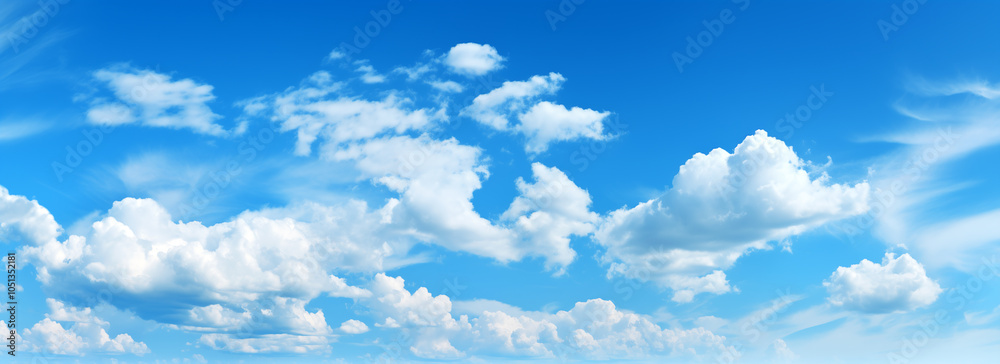 Wall mural blue sky background with tiny clouds. panorama background