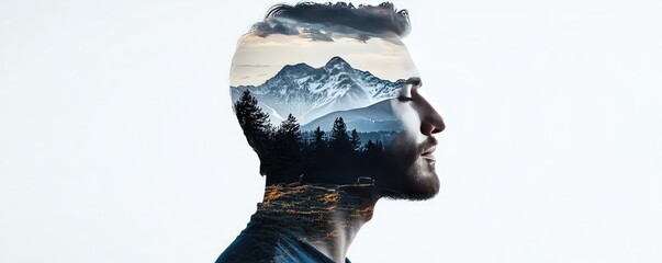 Creative double exposure portrait with landscape elements in head.