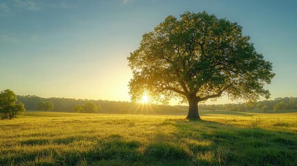 Obraz premium Majestic tree under the golden sun in a serene green meadow.