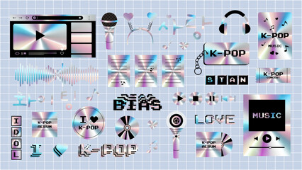 Set of holographic K-pop stickers. Elements with a metallic effect. Vector illustration