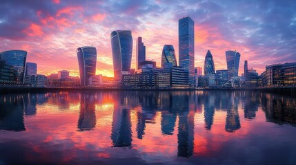 Fototapeta premium Stunning Modern Cityscape at Sunset with Skyscrapers Reflecting in Calm Water Under a Vibrant Sky