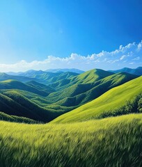 Obraz premium A panoramic view of rolling green hills under a bright blue sky with white clouds.
