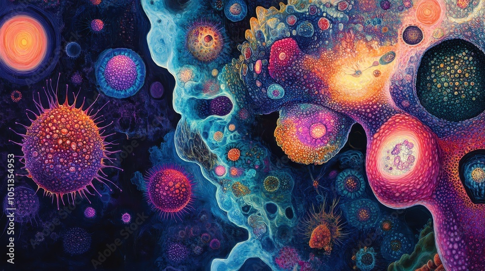 Wall mural vibrant abstract representation of microscopic life forms in a cosmic universe setting with bright c