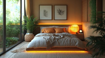 Cozy bedroom with warm lighting and natural decor.