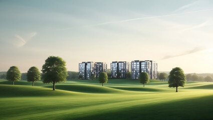 Obraz premium Elegant Residences Overlooking Tranquil Green Hills, Generative Ai