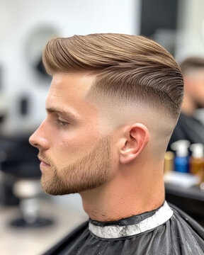 Stylish men's haircut with a well-defined fade and neatly combed top, showcasing modern grooming trends.