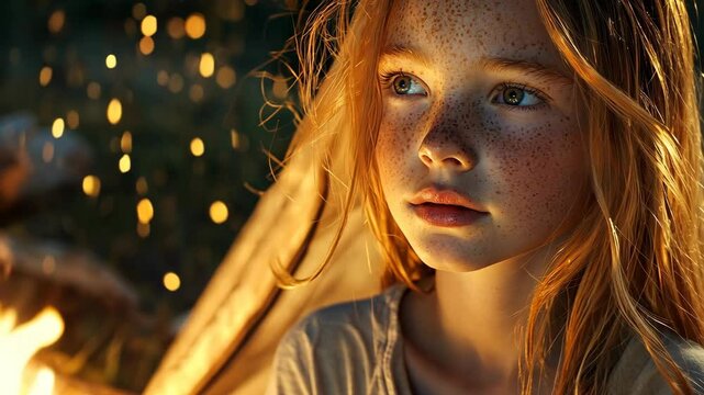 A young girl with freckles gazes into the distance as a fire crackles behind her