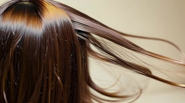 beauty althy long flowing brown hair closeup smooth texture dyed quality captured slow motion emphasize elegance stunning 4K UHD care straight coiffure llness woman abstract