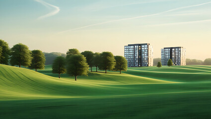 Obraz premium Modern Retreat Amidst Rolling Green Hills, Generative Ai