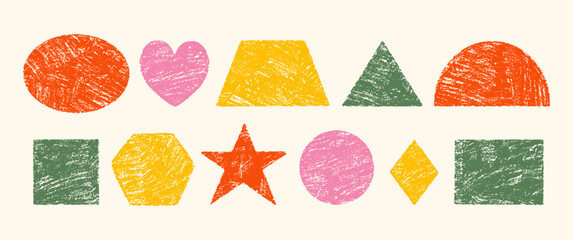 Colorful crayon hand drawn circle, square, triangular, heart and star. Pastel or charcoal vector illustration for kids.