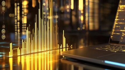 Illuminated abstract graphs on laptop screen in cityscape