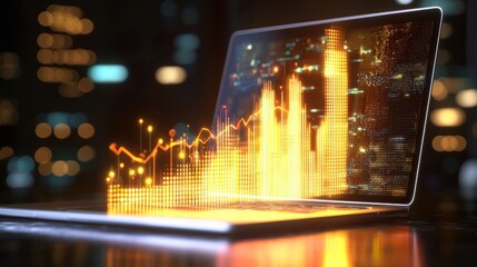 Golden graph bars on laptop amidst city lights