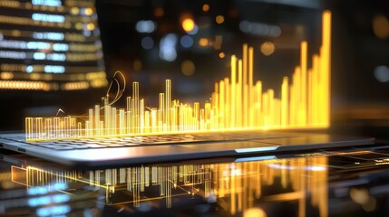 Abstract tech graphics emerging from laptop in dark scene