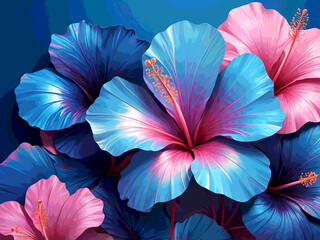Abstract Holographic Petal Graphic Blue Background. Hibiscus Flower Blue and Pink Card illustration