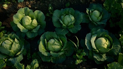 Top View of a Garden Bed with Large Cabbages.