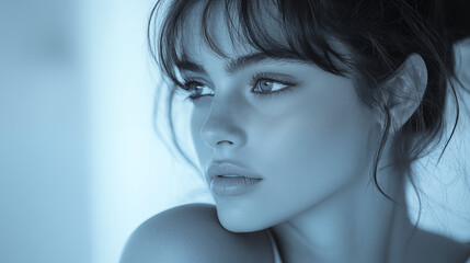 Close-up Portrait of Woman with Dark Hair in Blue Toned Light