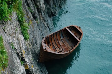Obraz premium An old wooden boat resting against a rocky cliff by the serene blue water.
