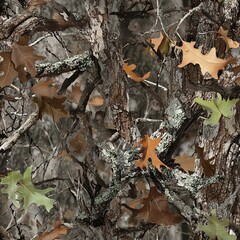 Oak Tree Bark Oak Leaves Hunting Camo Pattern, Seamless Camouflage Foliage Texture