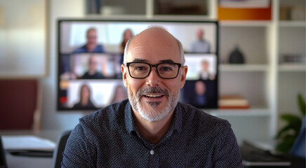 Obraz premium a professional business person lookinng into the camera while speaking and gesturing during an online zoom call. In the background of the person is an office.
