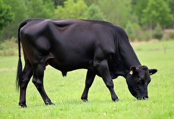 Black cow grazing in a lush green meadow under a clear blue sky during a sunny afternoon