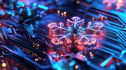 Digital snowflake on microchip with neon blue glow.